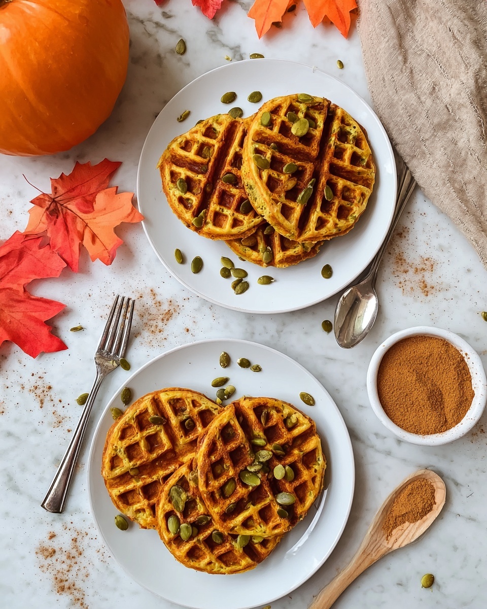 The image shows two white plates on a white marbled surface, each containing three brown waffles stacked closely together, sprinkled with green pumpkin seeds and a light dusting of cinnamon powder. One plate has two forks resting on it, positioned on the left side. A small bowl filled with cinnamon powder and a tiny wooden spoon is placed near the bottom right corner. On the left side of the frame, a whole orange pumpkin and orange and red autumn leaves add a seasonal touch, with scattered pumpkin seeds and cinnamon powder around the plates. photo taken with an iphone --ar 4:5 --v 7