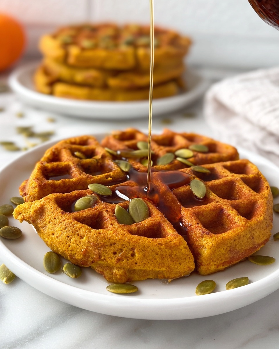 A close-up view of a round waffle with a golden brown color and crisp texture, sitting on a white plate on a white marbled surface. The waffle has small green pumpkin seeds scattered over its surface and a thick stream of amber syrup being poured onto its top right side, filling the square pockets. In the background, there is a second white plate holding more waffles, with a pumpkin and orange autumn leaves slightly blurred behind. The photo shows warm lighting and cozy fall vibes. Photo taken with an iphone --ar 4:5 --v 7