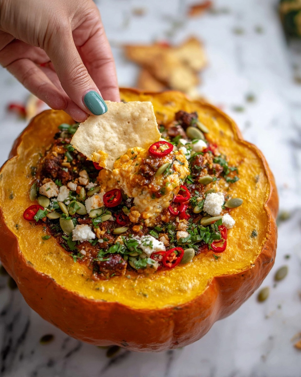 A woman's hand is holding a crispy beige chip with a scoop of creamy orange cheese dip topped with dark brown crumbled bits, bright red sliced chili peppers, and some green herbs. Below the chip, there is a hollowed-out orange pumpkin used as a bowl. Inside the pumpkin bowl, the cheese dip is spread with more dark brown crumbles, red chili slices, white cheese bits, green seeds, and chopped green herbs scattered on top. The pumpkin's inner yellow flesh edges the dip. This is all on a white marbled surface. Photo taken with an iphone --ar 4:5 --v 7
