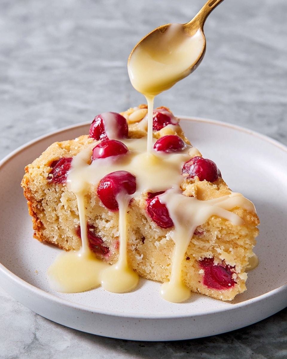 A slice of light brown cake with a soft, crumbly texture sits on a white plate. The cake has bright red cherries scattered on top and slightly sunk into the surface. A spoon held by a woman's hand is pouring a smooth, pale yellow sauce over the cake, dripping down the sides. The background is a white marbled texture. photo taken with an iphone --ar 4:5 --v 7