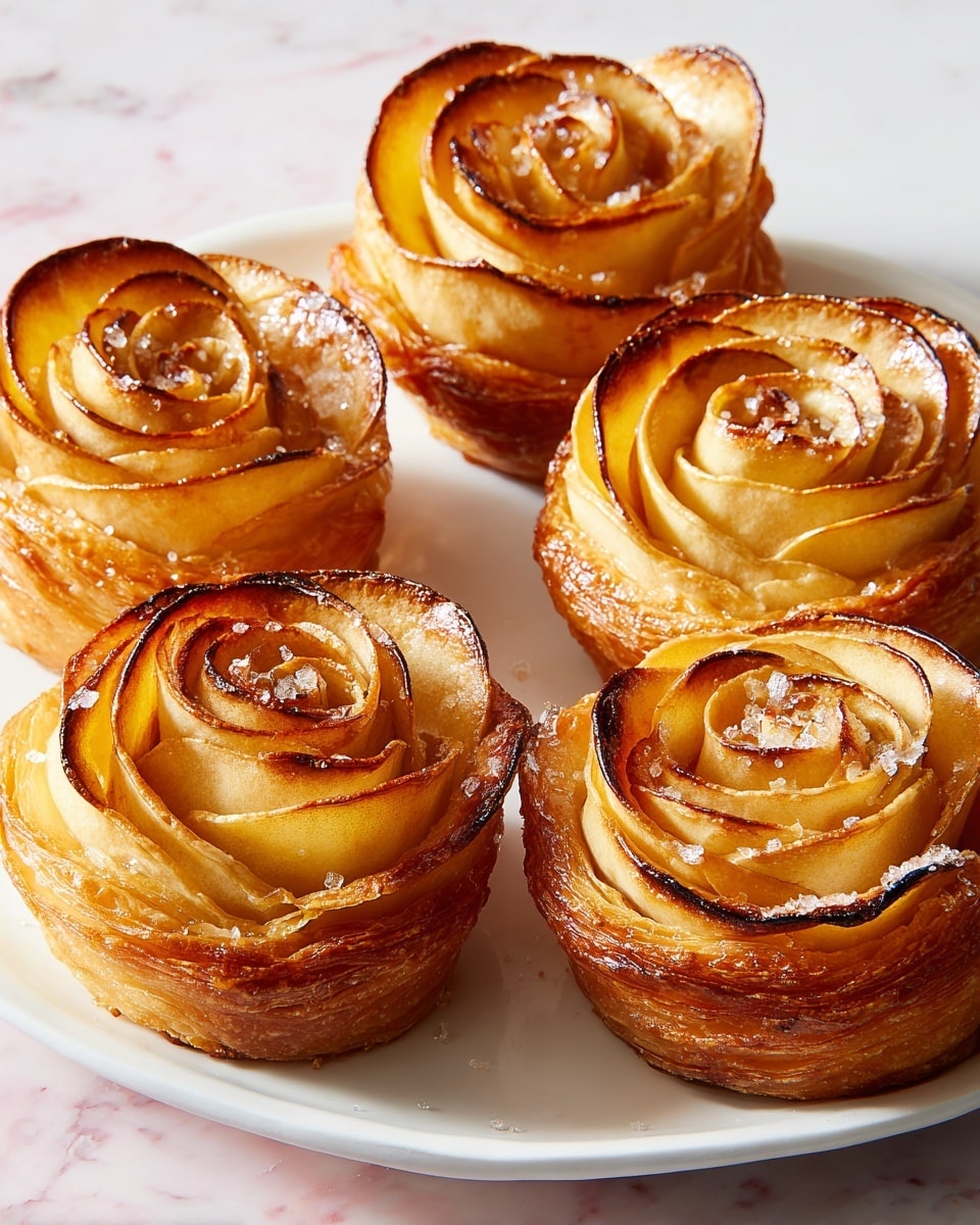 Nine apple rose pastries are arranged on a large white plate placed on a white marbled surface. Each pastry is formed of multiple thin layers of golden-brown flaky crust shaped into a circular base, with thin apple slices curled inside in a spiral pattern resembling a rose. The apple slices have a warm yellow to light brown color with slightly darkened edges from baking, adding depth and texture. Crumbs and a light dusting cover parts of the pastries and plate, giving a fresh-baked look. The photo taken with an iphone --ar 4:5 --v 7