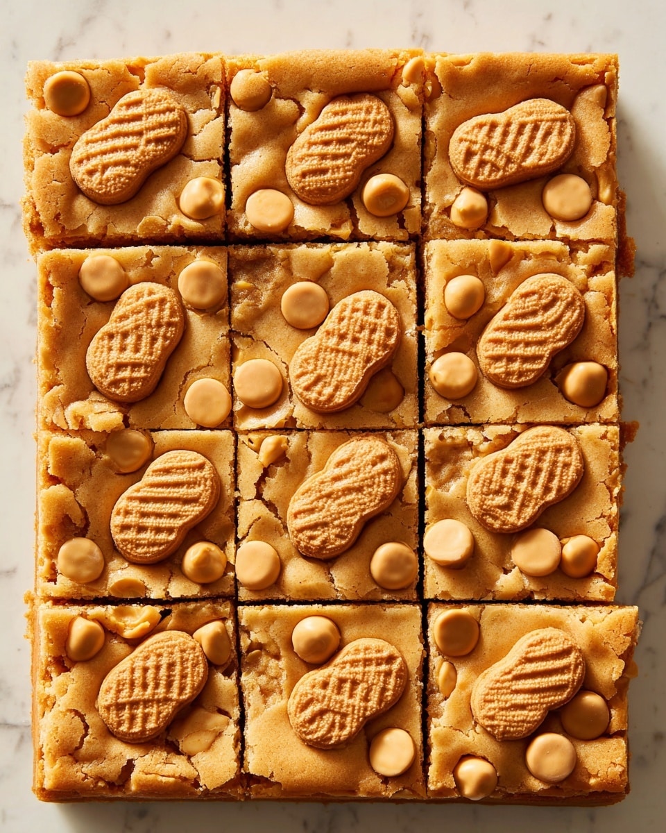 The image shows a large square dessert cut into 12 small squares arranged in a 3x4 grid on a white marbled surface. The dessert has a light golden brown color with a slightly cracked texture on top. Each small square has pieces of light brown peanut-shaped cookies embedded on the surface, along with small round cookies scattered evenly. The dessert appears thick with a dense texture, and the cookies add a distinct crunch on the top layer. The overall look is warm and inviting with a mix of smooth and textured elements. photo taken with an iphone --ar 4:5 --v 7
