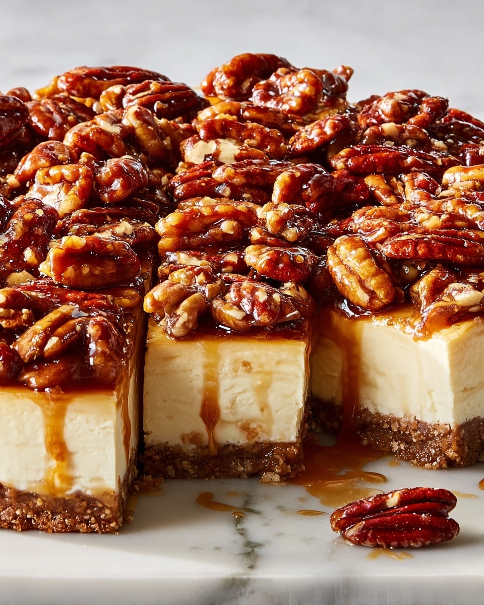 The image shows a close-up of a dessert with three clear layers. The bottom layer is a crumbly brown crust with a rough texture. The middle layer is a smooth, creamy, pale yellow cheesecake. The top layer is thick with shiny, caramel-colored syrup coating a mix of dark brown and reddish pecans, creating a glossy, sticky look. The dessert is cut into square pieces and is placed on a white marbled surface. Photo taken with an iphone --ar 4:5 --v 7