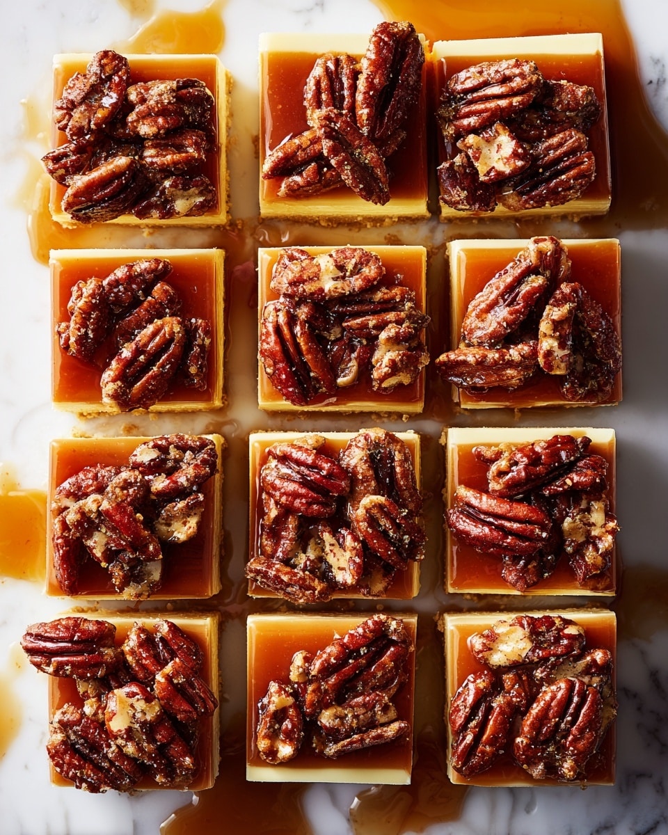 The dish is shown in a rectangular aluminum tray with a three-layer structure. The bottom layer is a smooth, light beige filling. Surrounding it is a crumbly golden-brown crust that lines the edges of the tray. On top, there is a thick layer of glossy caramel-covered whole pecans that are rich brown in color, creating a textured and shiny surface. The white marbled background adds contrast to the warm tones of the dessert. photo taken with an iphone --ar 4:5 --v 7