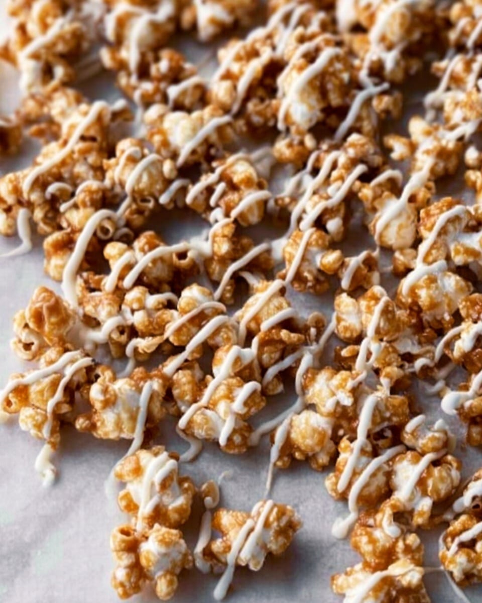 The image shows a close-up view of a single layer of popcorn spread out wide on a white marbled surface. Each popcorn piece is coated with a light brown powder, giving a speckled texture across the layer. Over the popcorn, there is a thin, uneven drizzle of white glaze that contrasts with the brown coating. The light from above highlights the fluffy shape of each popcorn and the shiny smooth texture of the glaze. photo taken with an iphone --ar 4:5 --v 7