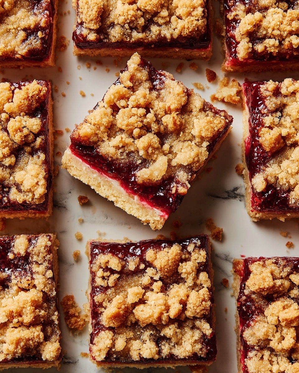 The image shows nine square dessert bars arranged in three rows on a white marbled surface. Each bar has three clear layers: the bottom layer is a golden-brown crumbly crust, the middle layer is a smooth, pale yellow creamy filling, and the top layer is a deep red fruit jam mixed with chunky pieces of a golden brown crumbly topping with visible nut bits. The crumb topping is uneven and scattered, giving a textured and crunchy look. The red jam layer shines with a sticky, thick appearance, contrasting with the smoothness of the creamy middle layer photo taken with an iphone --ar 4:5 --v 7