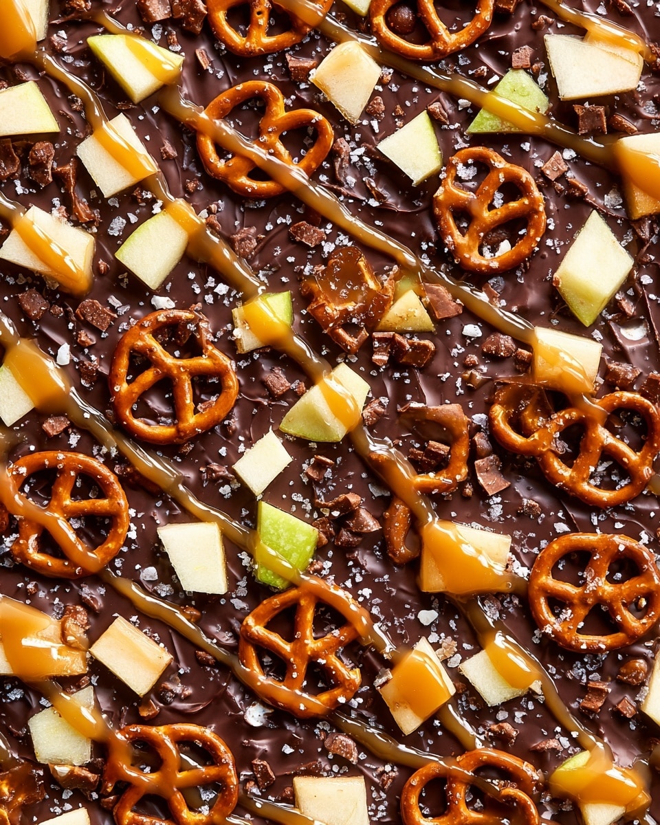 The image shows a close-up of a dark brown chocolate base that covers the whole surface with a smooth and slightly shiny texture. On top, there are many small yellowish-green apple cubes scattered evenly, adding a fresh look. Light brown caramel sauce is drizzled in thin, wavy lines across the whole chocolate surface, creating a glossy contrast. Small, round pretzels with a twisted shape and a golden-brown color are placed on top, spaced fairly evenly. A few small white salt flakes are sprinkled lightly on the pretzels and chocolate, adding texture. The background surface is white marble. photo taken with an iphone --ar 4:5 --v 7