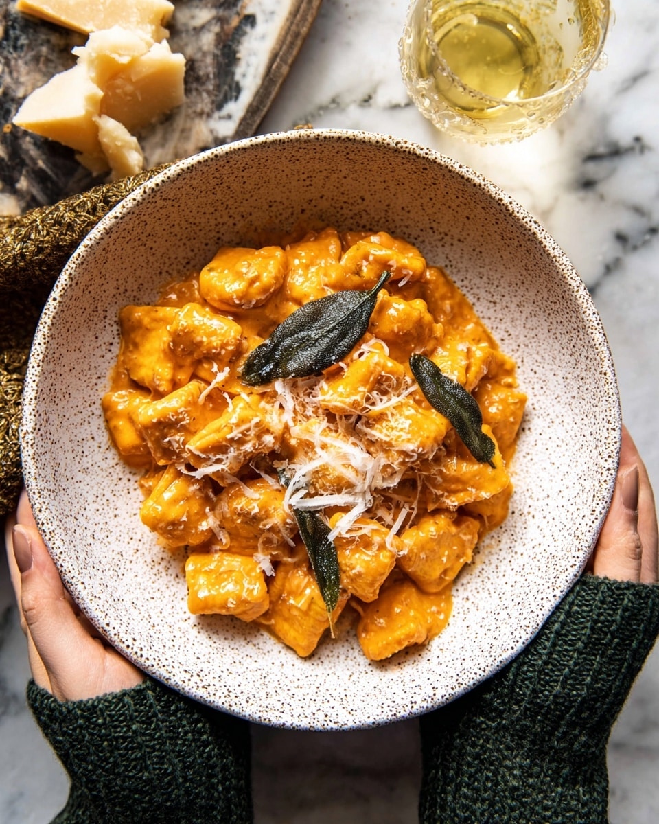 A black cast iron pan filled with many small tortellini pasta pieces covered in thick, smooth orange sauce, with some fresh sage leaves placed on top for garnish. The sauce is creamy and coats the pasta well, pooling slightly around the edges of the pan. A wooden spoon rests inside the pan, partially covered with the same sauce. The pan sits on a beige cloth, and a few sage leaves lie near the handle. photo taken with an iphone --ar 4:5 --v 7