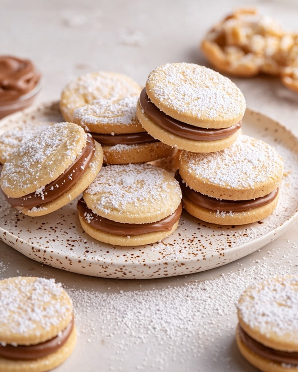 The image shows a group of round sandwich cookies with two pale beige soft cookie layers each, slightly crumbly in texture, enclosing a thick middle layer of shiny caramel-like filling. The edges of the caramel are coated with fine, light-colored shredded pieces that look like coconut. One cookie is stacked on top of another, with the top cookie having a noticeable bite taken out, revealing the smooth, sticky filling inside. The cookies are placed on a white marbled surface with some crumbs scattered around, giving a cozy and inviting look. Photo taken with an iphone --ar 4:5 --v 7