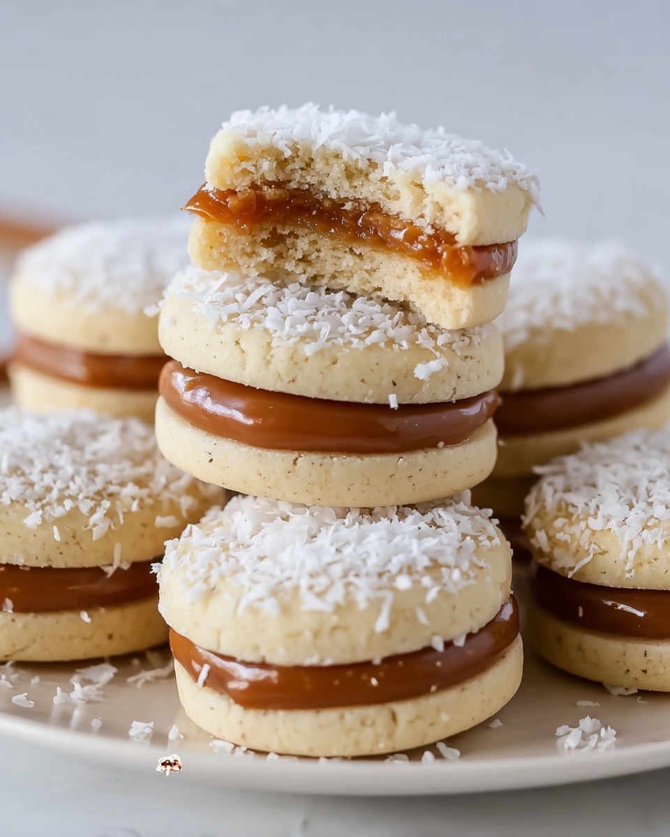 Alfajores with Dulce de Leche and Shredded Coconut Recipe 6 The image shows a pile of round sandwich cookies on a white plate, each with two pale yellow soft cookies making up the top and bottom layers. Between the cookies is a thick middle layer of glossy brown dulce de leche, some of which is coated with white shredded coconut around the edges. One of the cookies on top is bitten into, revealing the creamy texture of the dulce de leche filling inside. The whole scene is set against a white marbled surface, giving a clean and bright look. photo taken with an iphone --ar 4:5 --v 7