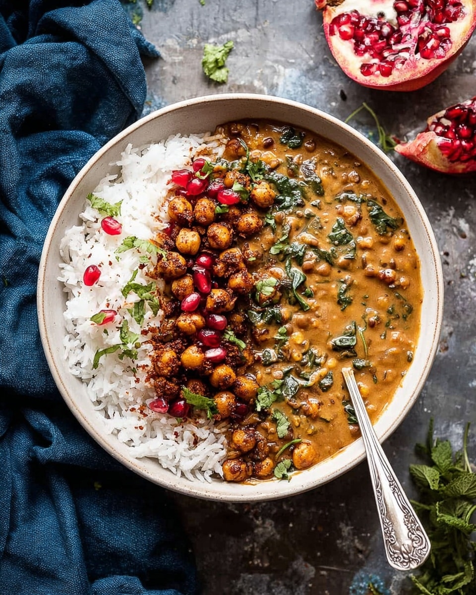 A deep beige bowl filled with two main layers: one side has white rice topped with crispy dark brown chickpeas and finely chopped green herbs, while the other side has a rich, thick orange-brown curry with lentils, chunks of light brown vegetables, and scattered bright green leafy herbs. Some red pomegranate seeds are sprinkled on top near the middle, adding small bright pops of color. A silver spoon is resting inside the bowl on the curry side. The bowl sits on a white marbled surface with pomegranate halves and scattered herbs nearby, and a blue cloth is placed on the left side. photo taken with an iphone --ar 4:5 --v 7