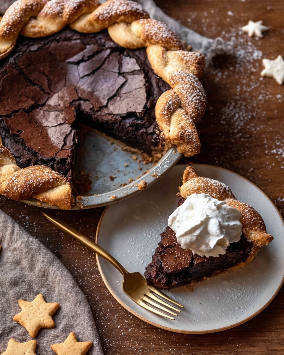 A slice of chocolate pie sits on a white plate with a thin, raised edge. The pie has three layers: a golden brown, braided crust that is thick and textured, a dark chocolate filling that looks rich and smooth, and a cracked, firm chocolate top layer that is slightly lighter in color. On top of the slice is a dollop of white whipped cream with soft, smooth texture. A gold fork rests beside the slice on the plate. Next to the plate is a pie pan with the rest of the pie, showing the same three layers and sliced missing pieces. On the dark brown surface around the plate and pan, there are sugar-coated small star-shaped cookies scattered, along with a light dusting of powdered sugar. The background is a white marbled texture. photo taken with an iphone --ar 4:5 --v 7