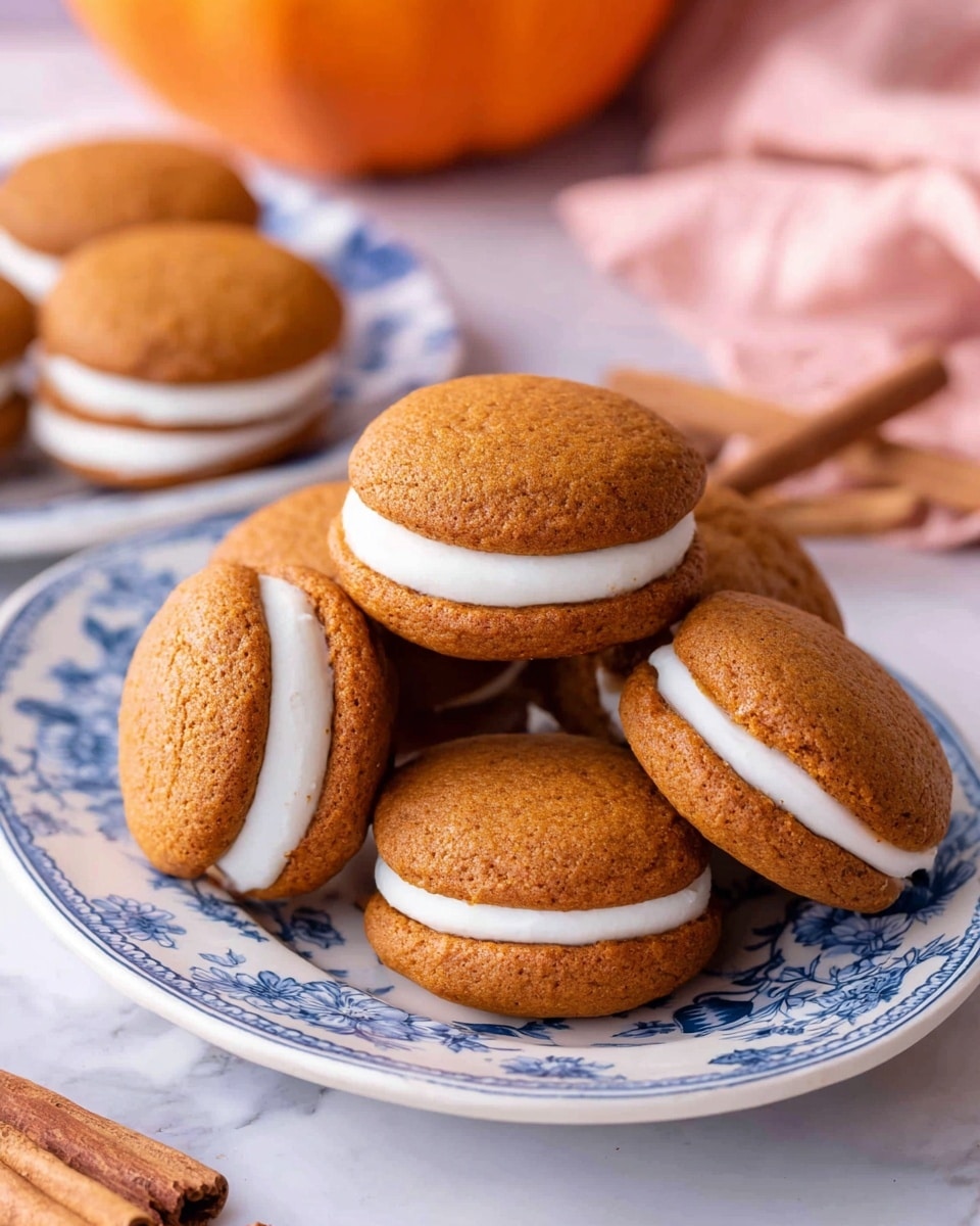 The image shows a white plate with a blue floral pattern holding five sandwich-style pumpkin cookies stacked together. Each cookie has two round, soft pumpkin-colored layers with a smooth, thick, white cream filling in the middle. The plate is placed on a white marbled surface, with two cinnamon sticks near the bottom right of the plate and a pale pink cloth partially in view on the left. In the background, there are two small orange pumpkins and another single cookie on a matching white and blue plate. The overall colors are warm, with pumpkin orange, white cream, and blue plate details, giving a cozy feel. photo taken with an iphone --ar 4:5 --v 7