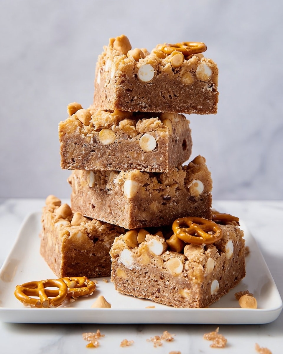 The image shows a stack of five thick dessert bars on a square white plate placed on a white marbled surface. Each bar has a light brown, soft and crumbly base filled with small white and dark pieces that look like nuts or pretzel bits. On top of the bars, there is a layer of smooth, light caramel-colored chips and whole pretzel pieces that add texture and color contrast. One bar is leaning against the stack, showing a close-up of the pretzel piece on top and some scattered crumbs and caramel chips around the base. The photo has soft lighting and a simple background. photo taken with an iphone --ar 4:5 --v 7