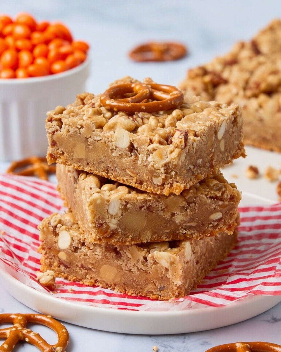 The image shows three thick square bars stacked on a white plate with red and white paper underneath. Each bar has a crumbly, light brown top layer with pieces of pretzels visible on the surface. The middle layer is densely packed with visible small white pretzel bits and a slightly darker brown color, indicating a chewy texture. The bottom layer is similar to the middle but slightly firmer, supporting the bars. The pretzels add a crunchy detail both inside and on top of the bars. The background is a white marbled surface with some scattered pretzels and butterscotch chips nearby, and a glass of milk behind the plate. Photo taken with an iphone --ar 4:5 --v 7