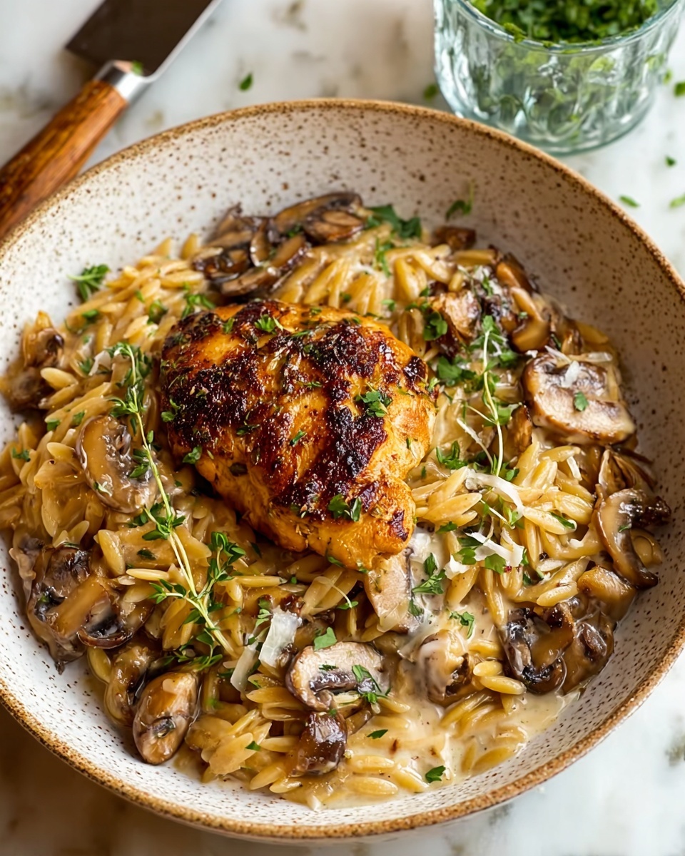A white speckled bowl holds a dish with three main layers. The bottom layer is creamy orzo pasta mixed with sautéed mushrooms, sliced onions, and small green herbs, all in a light beige sauce. On top of this sits a large piece of grilled chicken thigh with a golden-brown, slightly charred surface and scattered green herb leaves as garnish. The bowl is placed on a white marbled surface, with a glass of green herbs in the background and a silver fork to the side. Photo taken with an iphone --ar 4:5 --v 7
