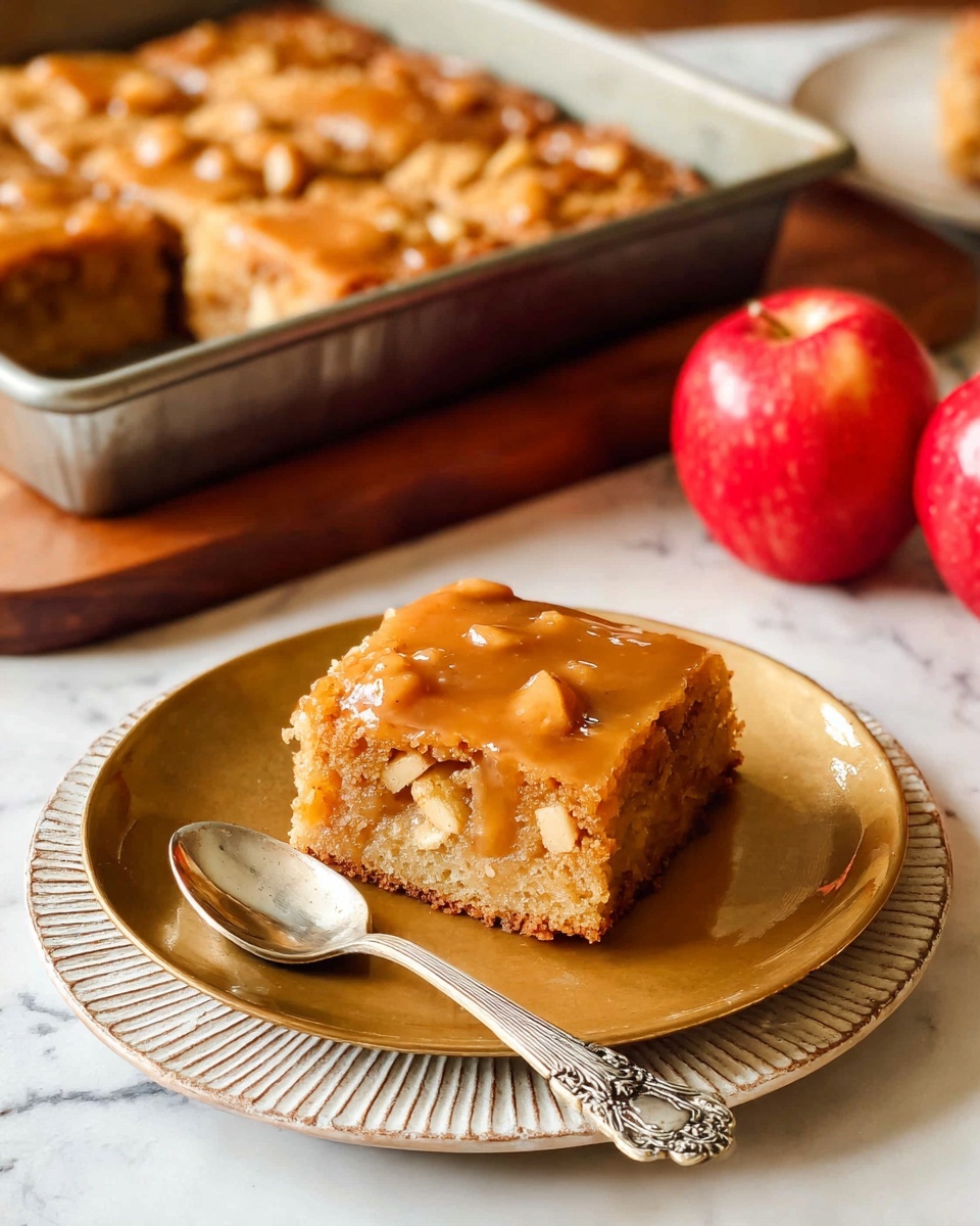 A single square piece of soft, moist apple cake with visible small apple chunks is placed in the center of a light brown plate, which rests on top of a textured white plate; the cake is topped with a shiny light caramel glaze that adds a slight gloss to the surface. Behind the plate, a metal baking pan holds the rest of the cake cut into squares, with one piece missing, showing a similar texture of moist cake and glaze. To the right side, two bright red apples sit on a wooden tray. A silver spoon with a decorated handle lies on the right edge of the brown plate. The scene is set on a dark wooden brown table with a white marbled textured surface beneath. photo taken with an iphone --ar 4:5 --v 7