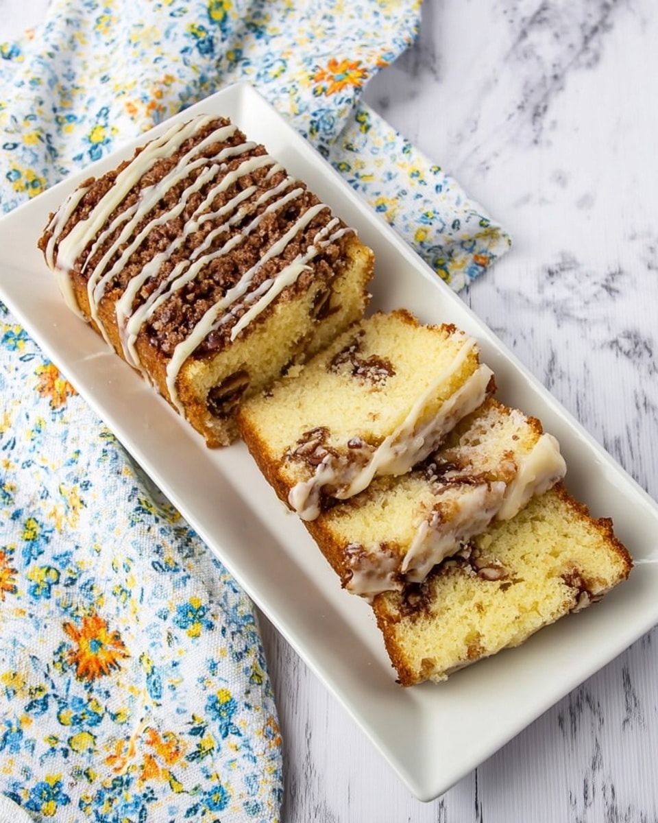 A white rectangular plate holds a coffee cake with a crumbly, browned top layer drizzled with thin white icing lines. Next to the whole piece, two slices show a light yellow cake with visible layers of darker cinnamon crumb swirl and pieces of nuts inside. The plate sits on a white marbled surface next to a white cloth with blue, green, orange, and yellow floral patterns. photo taken with an iphone --ar 4:5 --v 7