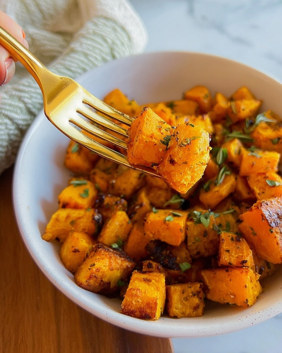 The image shows a small white bowl filled with roasted cubed orange vegetables, likely sweet potatoes or squash, seasoned with small green herb pieces scattered on top. A golden fork lifts a few cubes from the bowl, highlighting their roasted texture with some browning. The bowl sits on a white marbled surface that contrasts with the rich orange and green colors of the food. Photo taken with an iphone --ar 4:5 --v 7