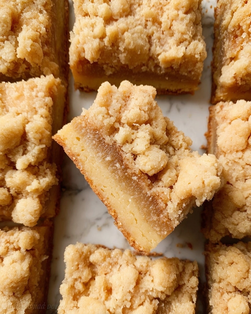 This image shows a close-up of several square crumb bars arranged closely together. Each bar has two main layers: a thick, light brown crumbly top layer that looks rough and textured with small crunchy pieces, and a slightly darker, dense, smooth bottom layer that appears soft and moist. The bar in the center is held upright, showing a clear side view of the two layers. The background is a white marbled texture. Photo taken with an iphone --ar 4:5 --v 7