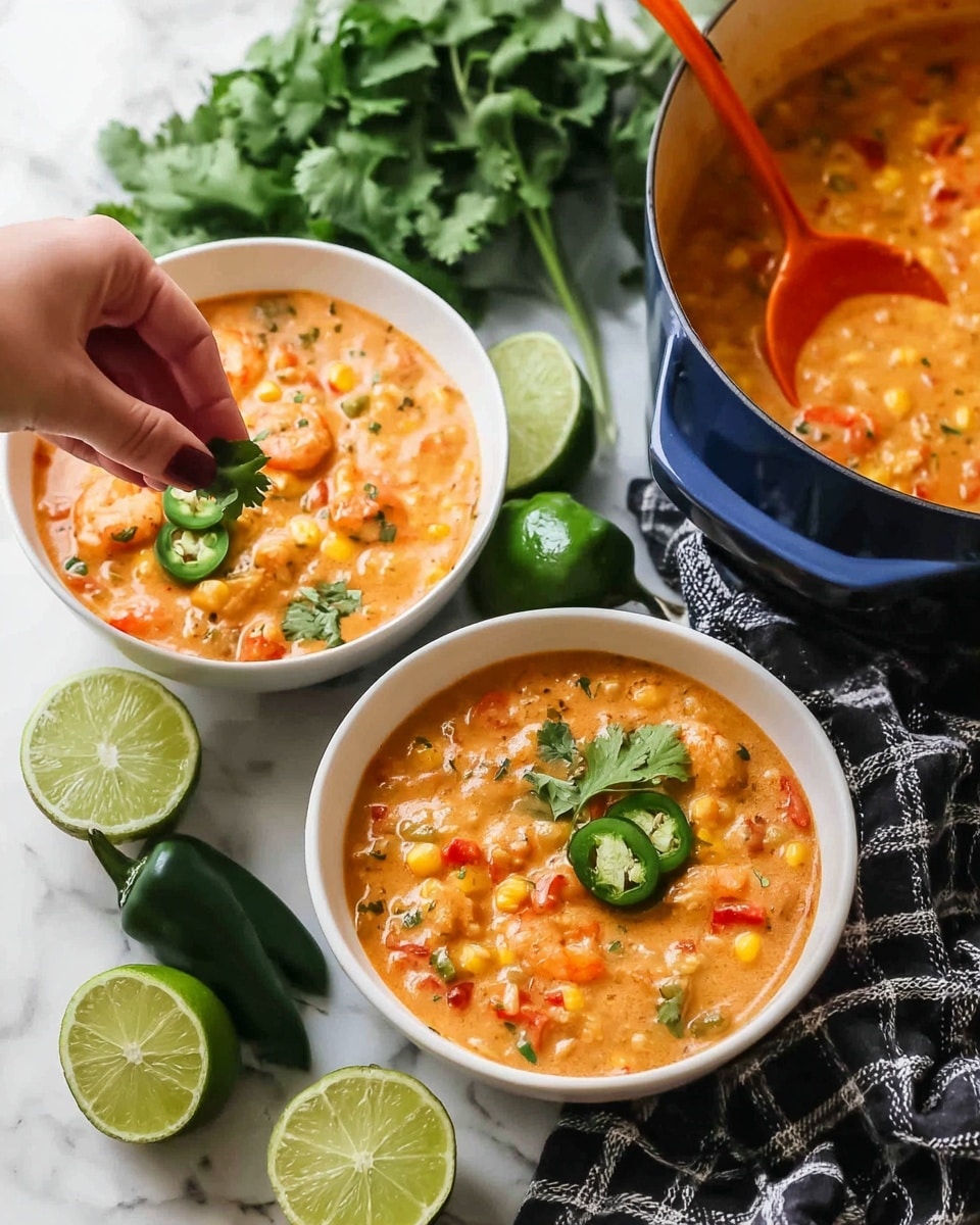 Two white bowls filled with a thick, creamy orange mix containing chunks of corn, diced red bell peppers, and small pieces of a light meat, placed on a white marbled surface. Each bowl shows a textured mixture with visible vegetables and meat bits; one bowl is topped with sliced green avocado pieces, and the other is being garnished with fresh green cilantro leaves by a woman's hand. Around the bowls, there are cut lime halves, whole green limes, scattered cilantro leaves, and a checkered black and white cloth nearby. A large blue pot filled with the same orange mixture and an orange spoon is partially visible in the background. Photo taken with an iphone --ar 4:5 --v 7