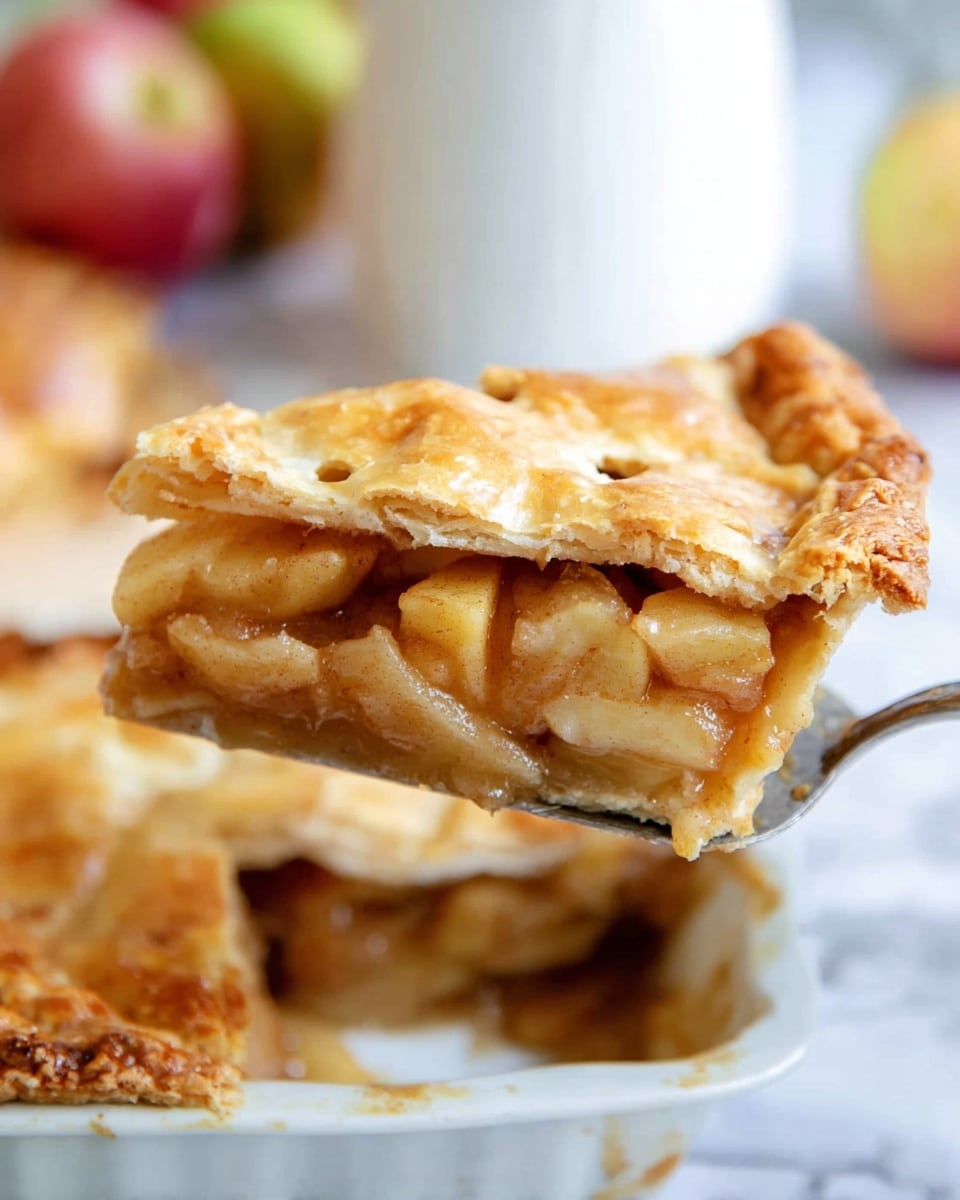 A close-up image shows a thick slice of apple pie being lifted by a metal spatula over a white marbled surface. The pie has two visible layers: a golden-brown, slightly flaky top crust with a shiny finish and small browned spots, and a thick, light brown filling layer made of soft apple chunks mixed with a smooth sauce. In the background, the rest of the pie is visible inside a white rectangular baking dish, showing a similar golden and flaky crust broken into square sections. Photo taken with an iphone --ar 4:5 --v 7
