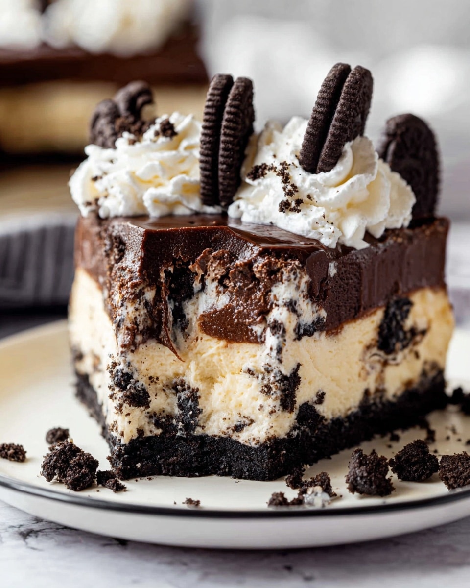 A round Oreo cheesecake with four visible layers is shown resting on a white marbled texture. The bottom layer is a thick dark black Oreo crust. Above that is a creamy beige cheesecake layer with visible chunks of Oreo cookies mixed inside. On top of the cheesecake layer is a smooth dark chocolate layer. The top is decorated with a generous layer of crushed Oreos in the center and a ring of white whipped cream swirls around the edge, sprinkled with small bits of Oreo crumbs. One slice is cut out, showing the inside layers clearly. Photo taken with an iphone --ar 4:5 --v 7