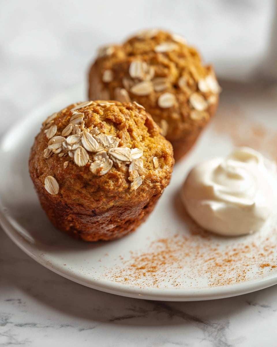 Two small muffins with a golden-brown oat topping sit side by side on a white plate with a faint speckled pattern. The muffins have a soft, light beige inside and a slightly rough textured oat crust. Next to the muffins on the plate is a small dollop of white cream with a smooth, soft texture. The plate is placed on a white marbled surface. photo taken with an iphone --ar 4:5 --v 7