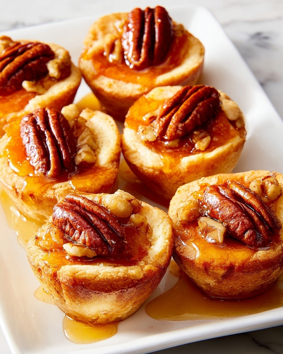 The image shows six small pastry cups arranged closely on a white rectangular plate set on a white marbled surface. Each cup has a golden-brown crust forming the base and sides. Inside, there is a bright orange layer of smooth sweet potato filling topped with a small dollop of melted white marshmallow. On top of each marshmallow sits a single dark brown glazed pecan, shiny and textured. The pastries are drizzled with a thick, amber-colored syrup that runs down their sides and pools slightly on the plate below. Photo taken with an iphone --ar 4:5 --v 7