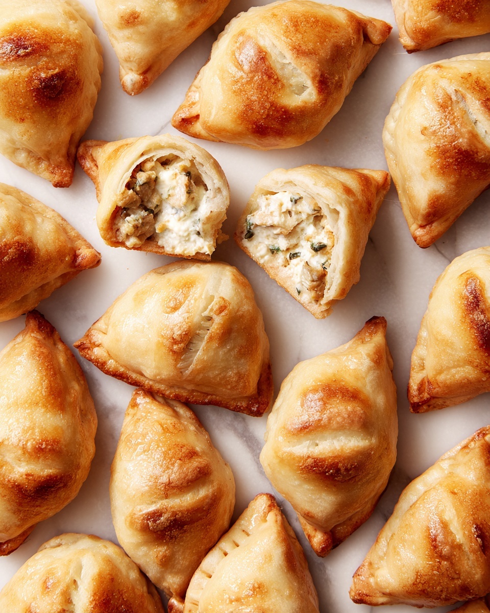 The image shows many small, golden brown fried pastries with a square shape, where each corner is folded over the filling inside. The pastry crust looks crispy and slightly rough with a textured surface, having a warm golden color. Inside, a creamy white filling mixed with bits of light brown pieces is visible, with one pastry broken open exposing the filling spilling out. The pastries lie spread out on a white marbled surface, creating a clean and simple background. Photo taken with an iphone --ar 4:5 --v 7