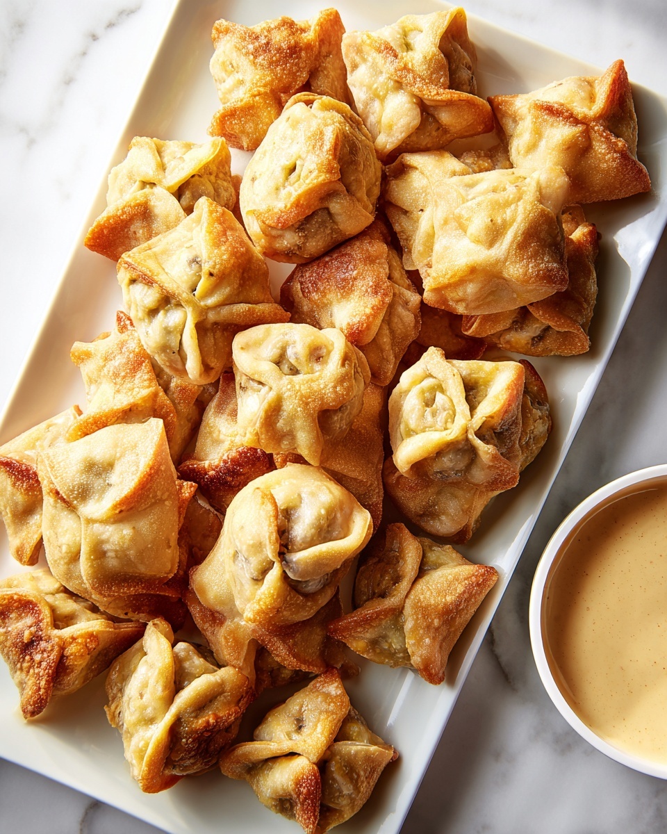 A white rectangular plate is full of small, golden brown pastries, each folded into a square shape with four corners pinched toward the center, showing a soft cream filling peeking through. The pastries have a slightly crispy texture with browned edges and a light flaky surface. The plate sits on a white marbled background, and a small white bowl with a smooth, light beige dipping sauce is placed to one side. photo taken with an iphone --ar 4:5 --v 7