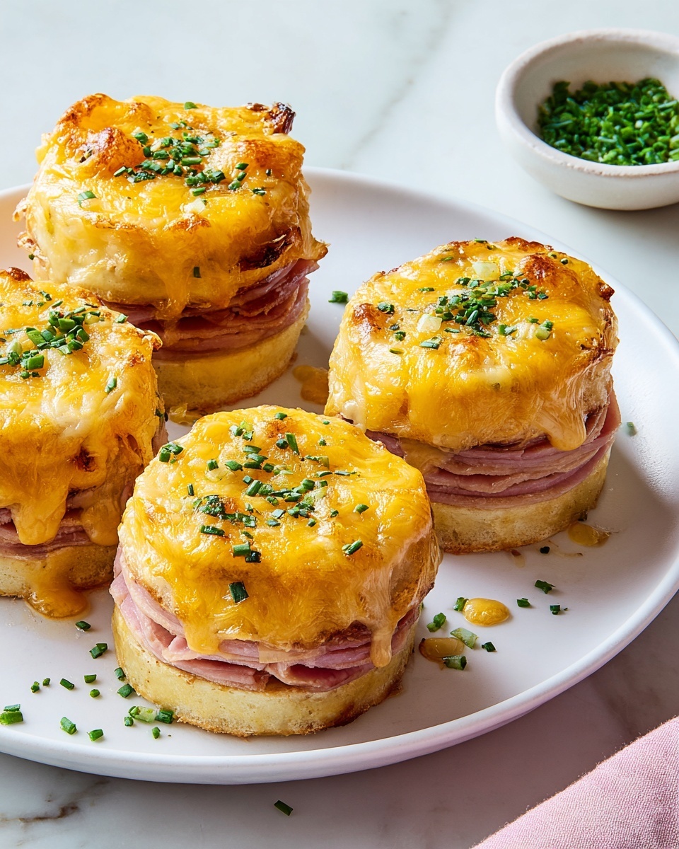 The image shows five small round stacks on a white plate with a white marbled surface underneath. Each stack has three visible layers: a bottom layer of light brown bread, a middle layer of pink ham, and a top layer covered with melted golden yellow cheese that looks soft and slightly bubbly. There are small green herb sprinkles scattered on top of the cheese and around the plate. In the background to the right, there is a small white bowl filled with chopped green herbs. The pink surface behind the plate adds a gentle color contrast. Photo taken with an iphone --ar 4:5 --v 7