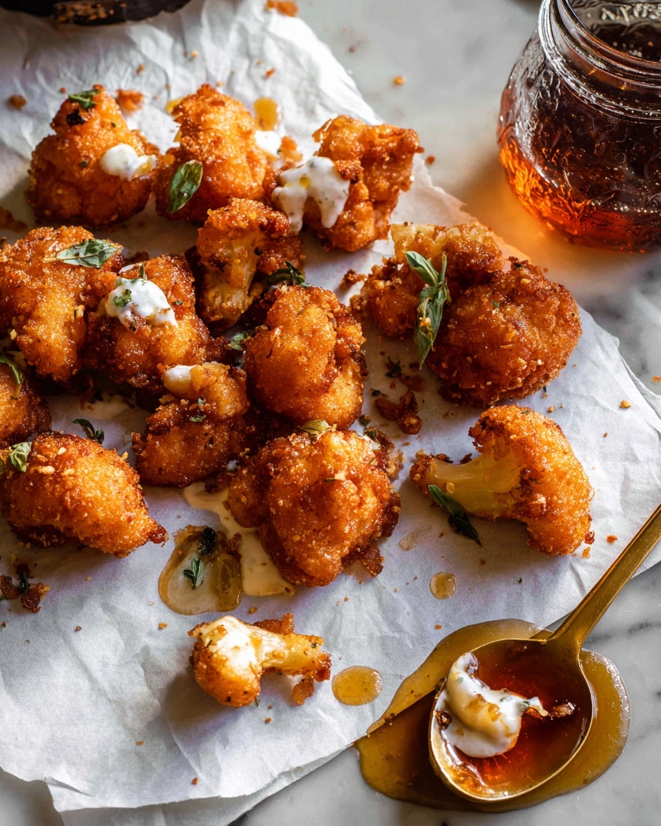 Several golden-brown fried cauliflower pieces are scattered on white parchment paper, placed on a white marbled surface. The cauliflower pieces are crispy with a textured coating, some drizzled with a shiny amber sauce and garnished with tiny green thyme leaves. A creamy white sauce with specks is drizzled over a few of the cauliflower pieces, adding contrast. To the right, part of a small clear glass jar filled with more amber sauce is visible, along with a gold spoon resting on the marbled surface, coated in the same sauce. The lighting is warm, highlighting the crispy texture and rich colors of the dish photo taken with an iphone --ar 4:5 --v 7