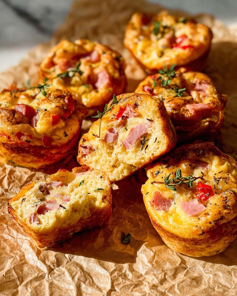 The image shows small savory tarts with a golden-brown crust that is slightly crispy and flaky around the edges. Each tart has a filling that includes pieces of light yellow melted cheese mixed with small red bits, possibly diced tomatoes or ham, and tiny green herb sprigs scattered on top. The tarts are placed on wrinkled brown parchment paper, creating a warm and rustic look. The background has a white marbled texture under soft sunlight, making the tarts look warm and fresh. Photo taken with an iphone --ar 4:5 --v 7