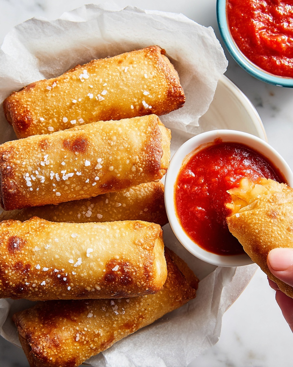 Four golden-brown, crispy rolls are placed on white parchment paper over a white marbled surface. Each roll is sprinkled with coarse salt crystals, giving a crunchy texture on top. One roll is partially dipped into a small white bowl filled with thick, bright red tomato sauce, showing a strong color contrast. A woman's hand is holding the dipped roll at the bottom left of the image. The overall scene is lit softly, highlighting the warm, crunchy texture of the rolls and the rich color of the sauce. photo taken with an iphone --ar 4:5 --v 7