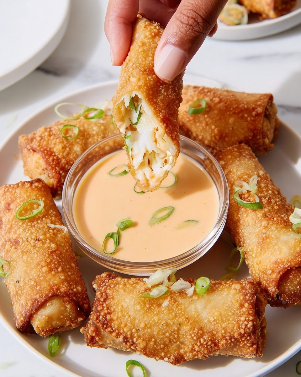 A white plate holds several golden brown crispy fried rolls, each topped with a small thin slice of green onion. In the center of the plate, there is a clear glass bowl filled with creamy light orange dipping sauce, garnished with a few green onion rings on top. A woman's hand is holding one fried roll dipped halfway into the sauce, showing a creamy white filling inside. The plate is placed on a white marbled surface. photo taken with an iphone --ar 4:5 --v 7