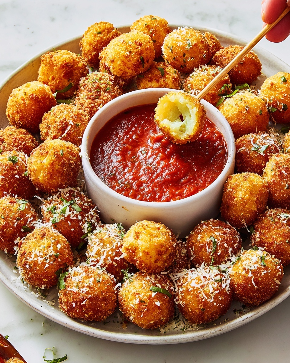 A white plate filled with a large pile of golden brown gnocchi, each piece showing a rough, slightly crispy texture with small specks of seasoning and grated cheese on top. The gnocchi pieces vary slightly in shape but are mostly oval with ridges, giving them a textured look. A silver spoon is placed to the right side inside the plate. In the back left, there is a small white bowl with red marinara sauce. The entire setting is on a white marbled surface. photo taken with an iphone --ar 4:5 --v 7