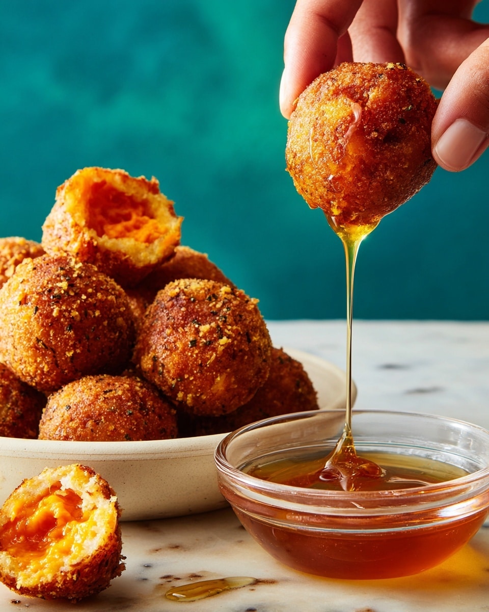 A close-up of golden brown round fried balls with a crisp textured outer layer, one held by a woman's hand and dipped into a clear bowl filled with shiny, sticky amber honey that drips down from the ball. Behind, a white bowl holds more fried balls, and in front, one ball is open showing an orange soft interior. The scene is set on a white marbled surface with a blurred blue background. photo taken with an iphone --ar 4:5 --v 7