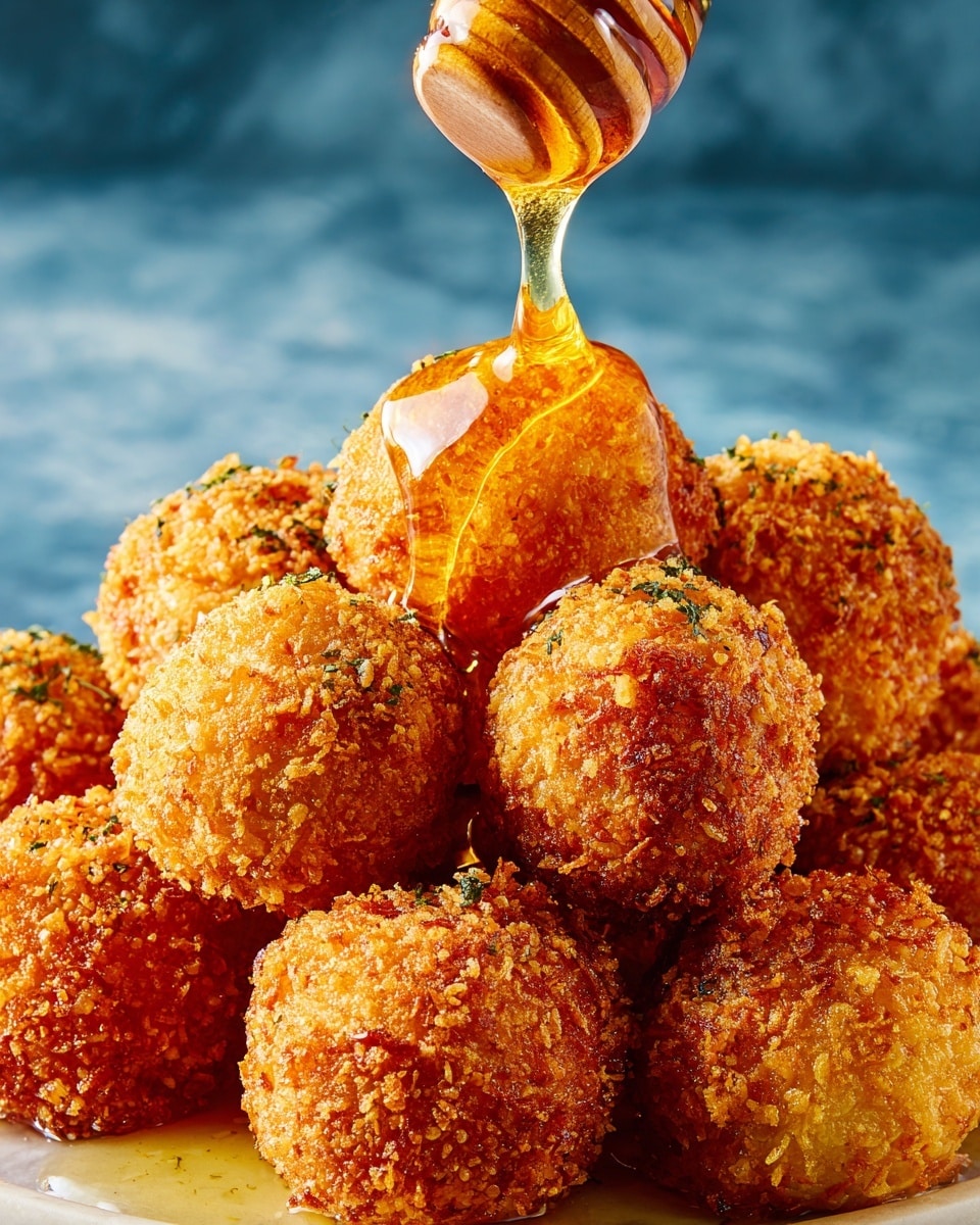 A pile of round, golden-brown crispy balls stacked closely together, each ball covered with a crunchy, textured coating showing hints of herbs inside. Thick, shiny amber honey is being poured over the balls from a spiral honey dipper, creating a glossy layer dripping down the sides. The background is a clean white marbled texture. photo taken with an iphone --ar 4:5 --v 7