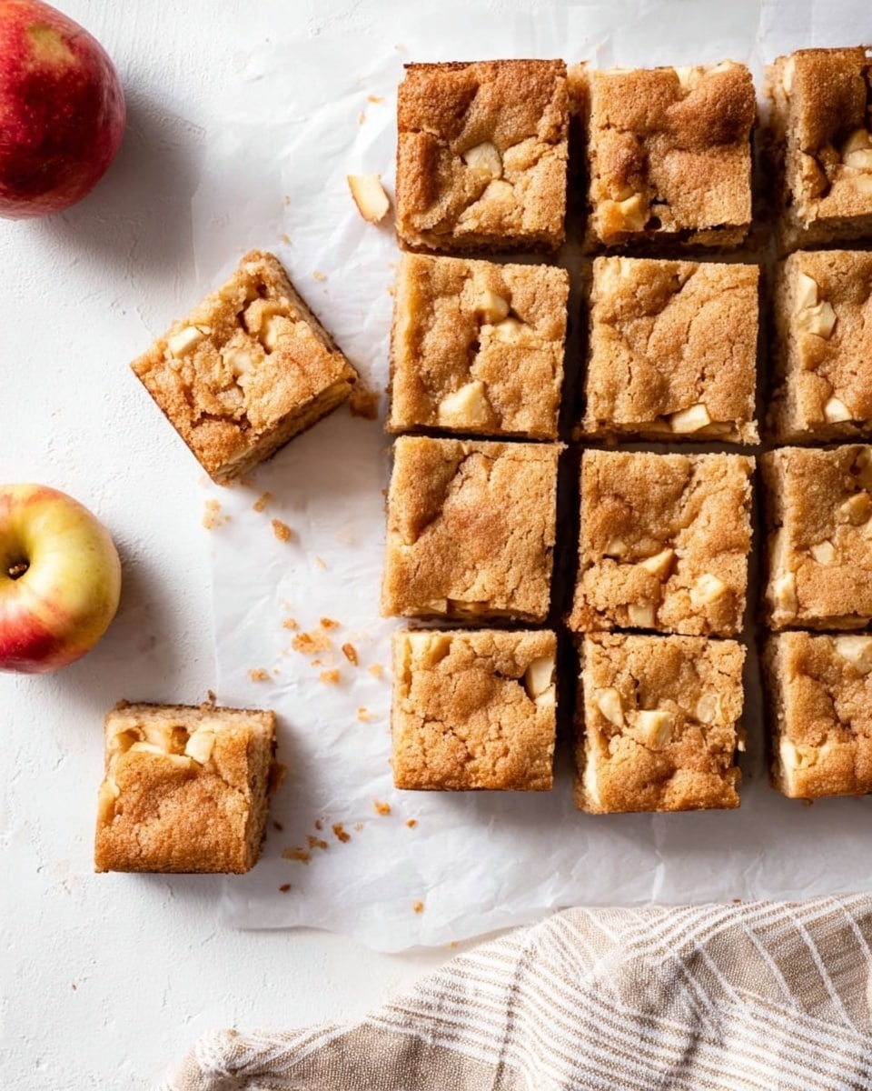A white marbled surface holds a set of 16 square cake pieces arranged in a 4 by 4 grid on a white parchment paper, with one piece separated from the grid and placed slightly lower left. Each piece has a golden brown top that looks soft with small textured cracks and light spots of white inside, indicating bits of fruit or nuts. Below the cakes at the lower left corner is a round apple with red and yellow skin. Near the apple is a light gray striped cloth casually placed on the surface. The whole setting is bright and simple with soft, natural light. Photo taken with an iphone --ar 4:5 --v 7