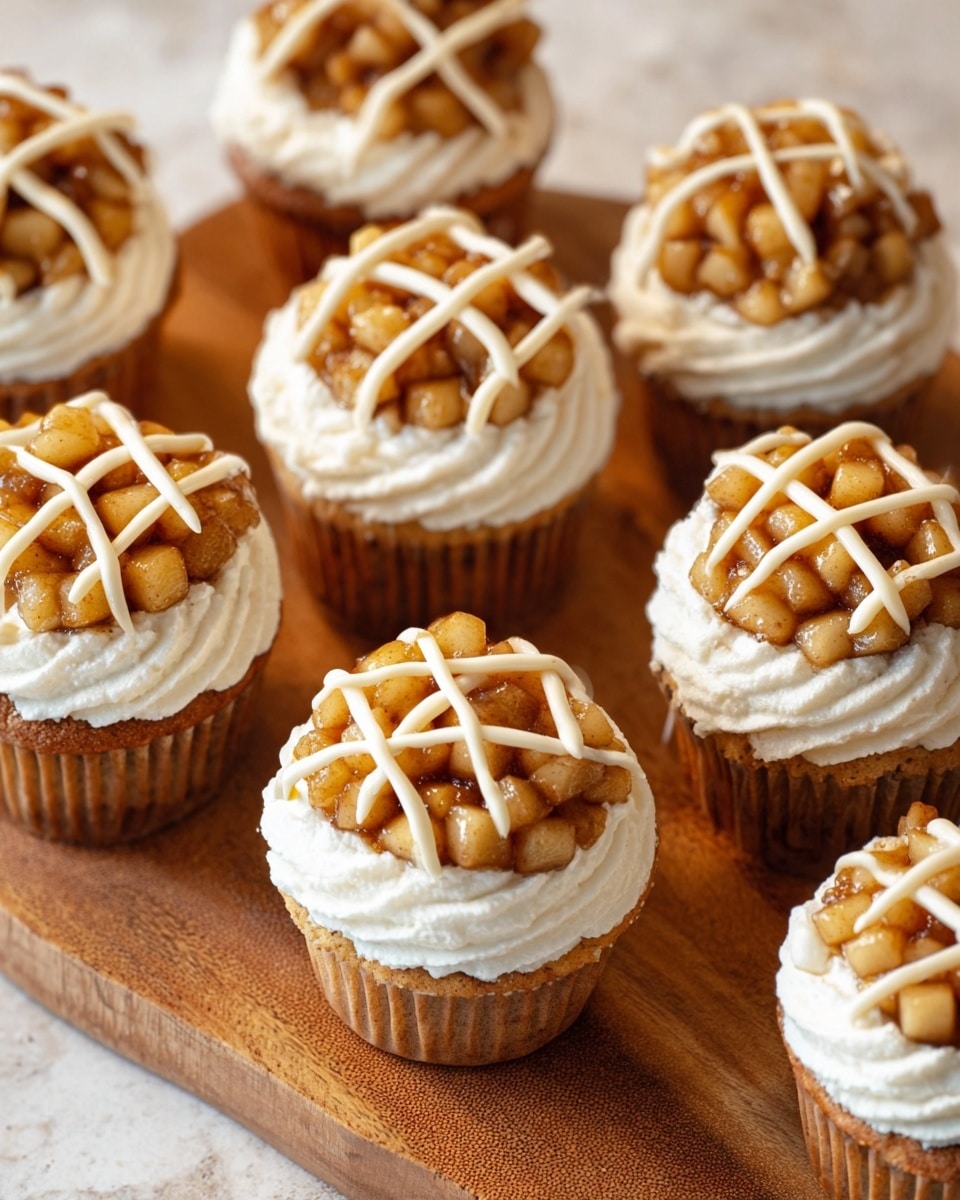 The image shows eight mini apple pie cupcakes arranged on a wooden tray and white marbled surface. Each cupcake has a light golden base topped with a layer of creamy, swirled beige frosting around the edge. The center of each cupcake is filled with small diced apple pieces cooked in a warm cinnamon sauce, giving a caramel brown color. On some cupcakes, the frosting is decorated with a lattice pattern of two to three thick strips crossing over the apple topping, while others just have the piped border around the apples. The texture of the frosting is smooth but piped with ridges. The photo taken with an iphone --ar 4:5 --v 7
