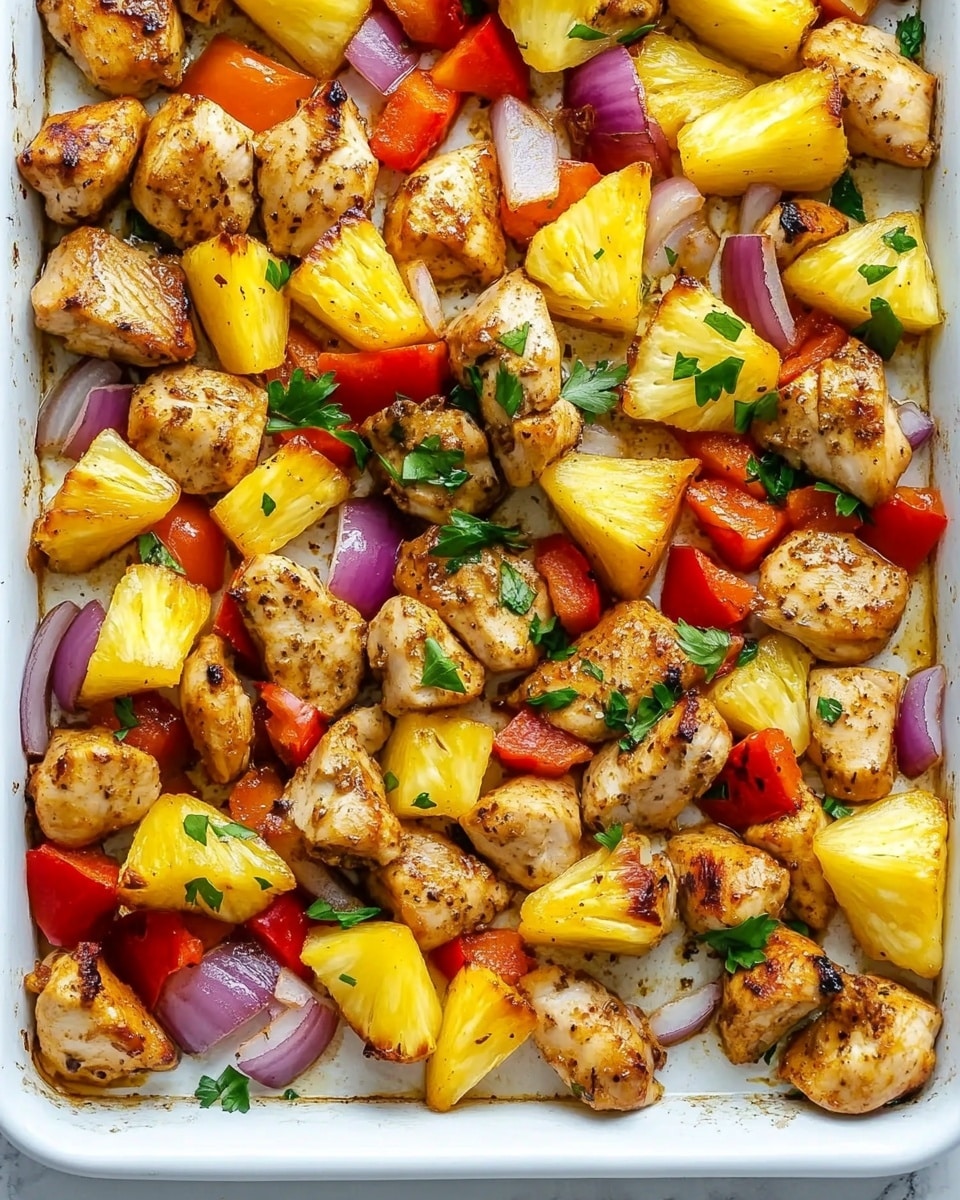 The image shows a white baking tray filled with several layers of food. The bottom layer consists of pieces of red bell pepper and purple onion chunks scattered evenly across the tray. On top of this, there are many small, golden-brown pieces of chicken seasoned with herbs and spices. Between the chicken pieces, bright yellow triangular slices of pineapple are placed, adding a fresh and colorful contrast. The dish is garnished with small green parsley leaves sprinkled all over. The tray rests on a white marbled surface. photo taken with an iphone --ar 4:5 --v 6.1