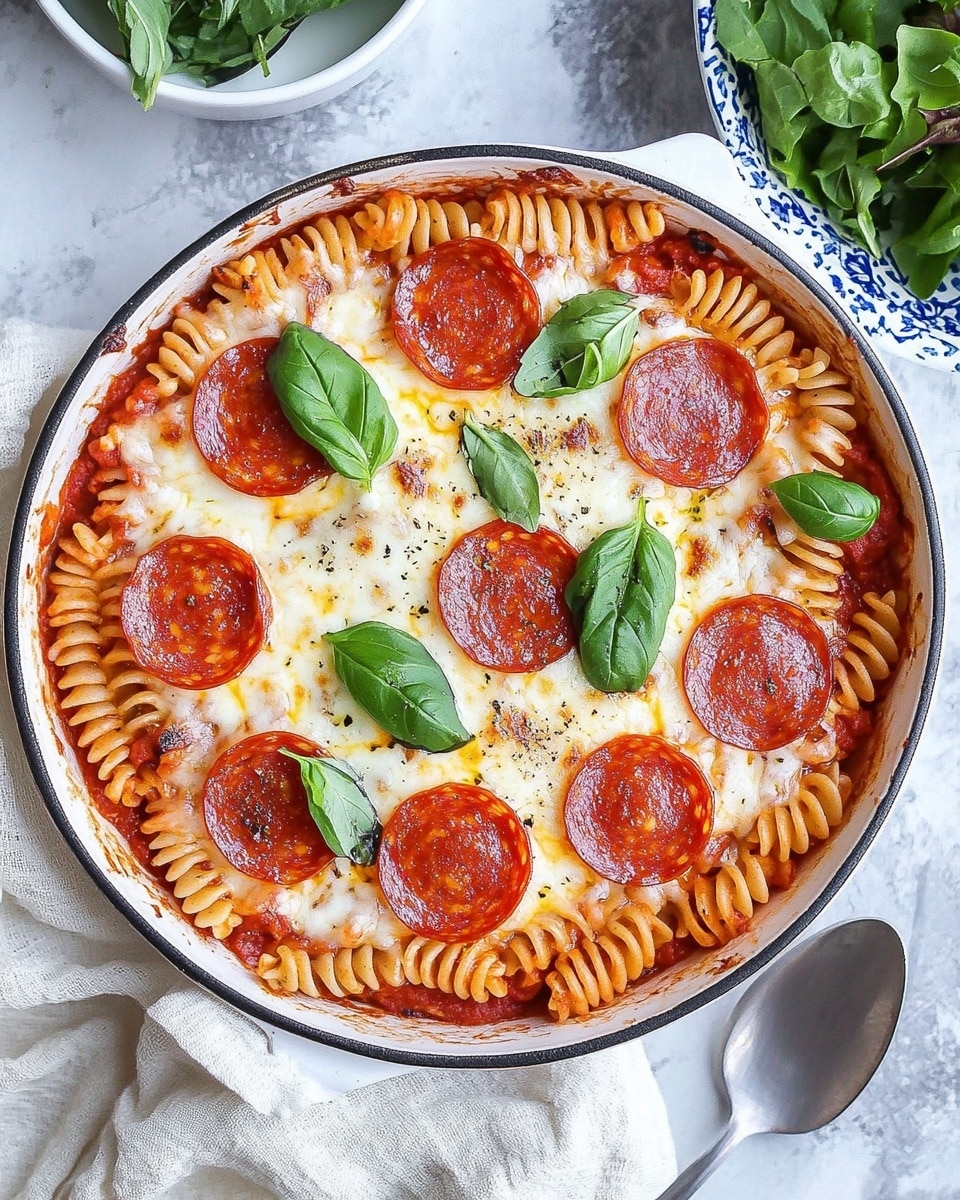 A white bowl filled with baked pasta is shown, featuring three main layers: the bottom layer consists of small shell-shaped pasta coated in red tomato sauce, the middle layer has melted, light golden cheese covering the pasta, and the top layer is decorated with round slices of bright red pepperoni and small green parsley leaves scattered around. The pasta looks soft with a slightly glossy finish, the cheese is bubbling and stretches across the dish, and the parsley adds a fresh contrast. The bowl sits on a white marbled surface with a green napkin underneath. Photo taken with an iphone --ar 4:5 --v 6.1