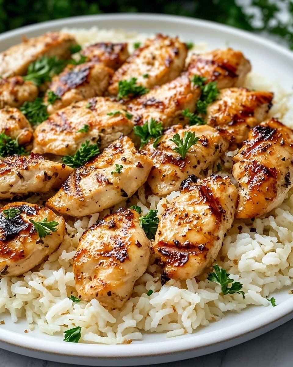 Two grilled chicken pieces with a golden-brown crust and grill marks lie on top of a bed of white rice with visible shiny grains. The rice appears fluffy, with small bits of green herbs sprinkled throughout. The plate is white and sits on a white marbled surface. photo taken with an iphone --ar 4:5 --v 6.1