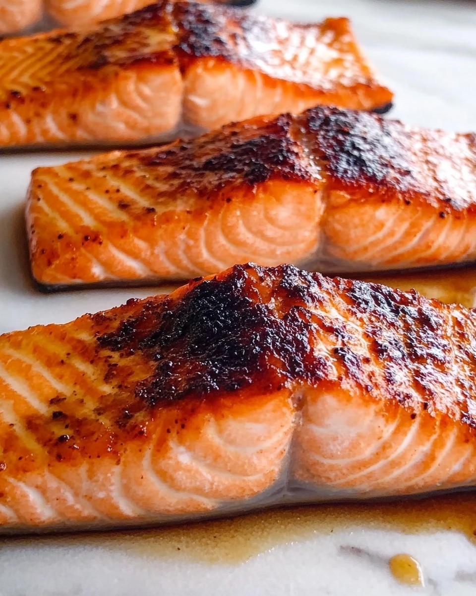 The image shows three pieces of cooked salmon with crispy, dark brown skin on top and soft pink flesh below. They are placed side by side on a white plate that sits on a white marbled surface. In the background, a blurred bowl of mashed potatoes in a white bowl and some green beans on a white plate can be seen. The mood is bright and clean, highlighting the rich color and texture of the salmon. Photo taken with an iphone --ar 4:5 --v 6.1