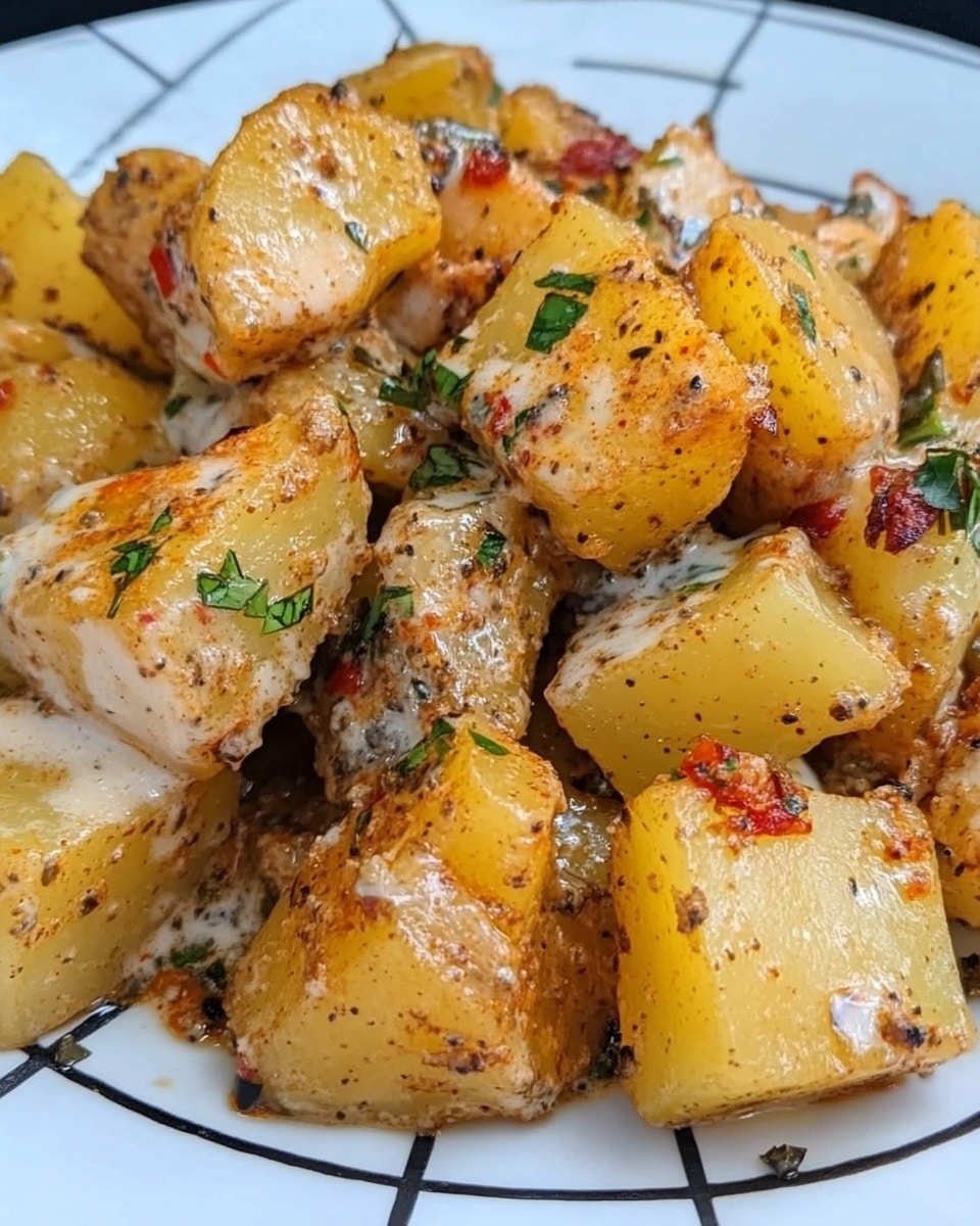 Knoblauch, Parmesan, Crockpot, Hühnchen und Kartoffeln 1 Auf einem weißen Teller mit blauem gepunktetem Rand befindet sich ein cremiger Auflauf aus großen, weichen, gelben Kartoffelstücken und hellbeigen Hühnchenstücken, die in einer dicken, hellen Sahnesauce vermischt sind. Das Gericht wird mit frischen grünen Petersilienspritzen bestreut, um die Farbe zu erhalten. Auf dem Rand des Tellers ruht ein Stück goldbraunes geröstetes Brot mit einer rauen, knusprigen Textur. Im Hintergrund ist eine weiße Schüssel zu sehen, die mit mehreren Scheiben desselben gerösteten Brotes gefüllt ist. Die Szene spielt auf einer weiß marmorierten Oberfläche, auf der linken Seite ist ein Teil eines glänzenden Edelstahl-Schongarers zu sehen. Foto aufgenommen mit einem iPhone --AR 4:5 --V 6.1