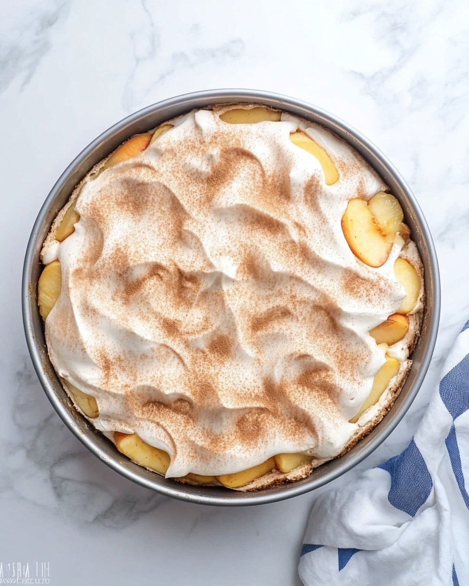 Pfirsich-Sahne-Torte: Erfrischendes sommerliches Obstdessert 1 In einer runden Backform befindet sich ein Dessert mit zwei sichtbaren Schichten. Die untere Schicht besteht aus kleinen, weichen Pfirsich- oder Aprikosenstücken in goldgelber Farbe, die die Pfanne vollständig ausfüllen und an den Rändern hervorschauen. Die oberste Schicht besteht aus einem ungleichmäßigen, flauschigen Aufstrich aus weißem Baiser oder Schlagsahne, der über und über mit einem hellbraunen Pulver, wahrscheinlich Zimt, bestäubt ist, was ihm ein leicht strukturiertes Aussehen verleiht. Die Pfanne sitzt auf einer weiß marmorierten Oberfläche in der Nähe eines Teils eines weißen Stoffes mit blauem Linienmuster. Foto aufgenommen mit einem iPhone --AR 4:5 --V 6.1