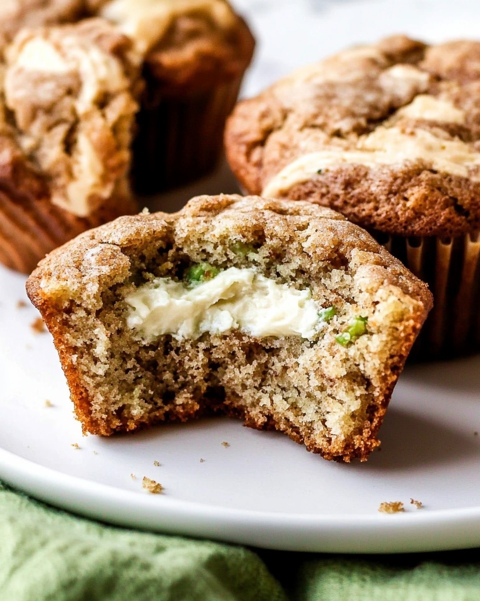 A stack of three golden-brown muffins with a slightly cracked top showing a light crust is centered on a white marbled surface. Each muffin has a textured, slightly rough exterior with small darker specks, and bits of soft cream-colored filling peek through the sides. The bottom muffin is in a ridged paper liner, while the top two muffins are stacked directly on top. To the left, a half-eaten muffin reveals a soft, moist inside filled with cream, and to the right, out of focus, is a dark green vegetable with small white flowers in front of it. The background is a smooth, light beige color. Photo taken with an iphone --ar 4:5 --v 6.1