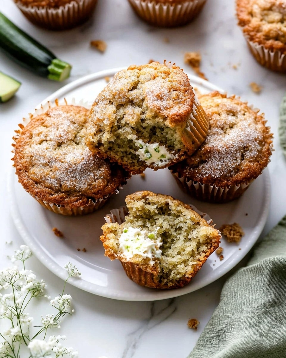 The image shows a white plate with three zucchini muffins on top, two whole and one cut in half to show a soft, light brown inside with a white creamy cream cheese layer running through the middle. The muffins have a golden brown crust with a coarse sugar topping, giving a sparkling texture. Around the plate, more whole and partially eaten muffins are scattered on a white marbled surface, with one whole green zucchini placed near the bottom left and a piece of green cloth near the bottom right. Small white flowers rest near the edge of the plate. Photo taken with an iphone --ar 4:5 --v 6.1