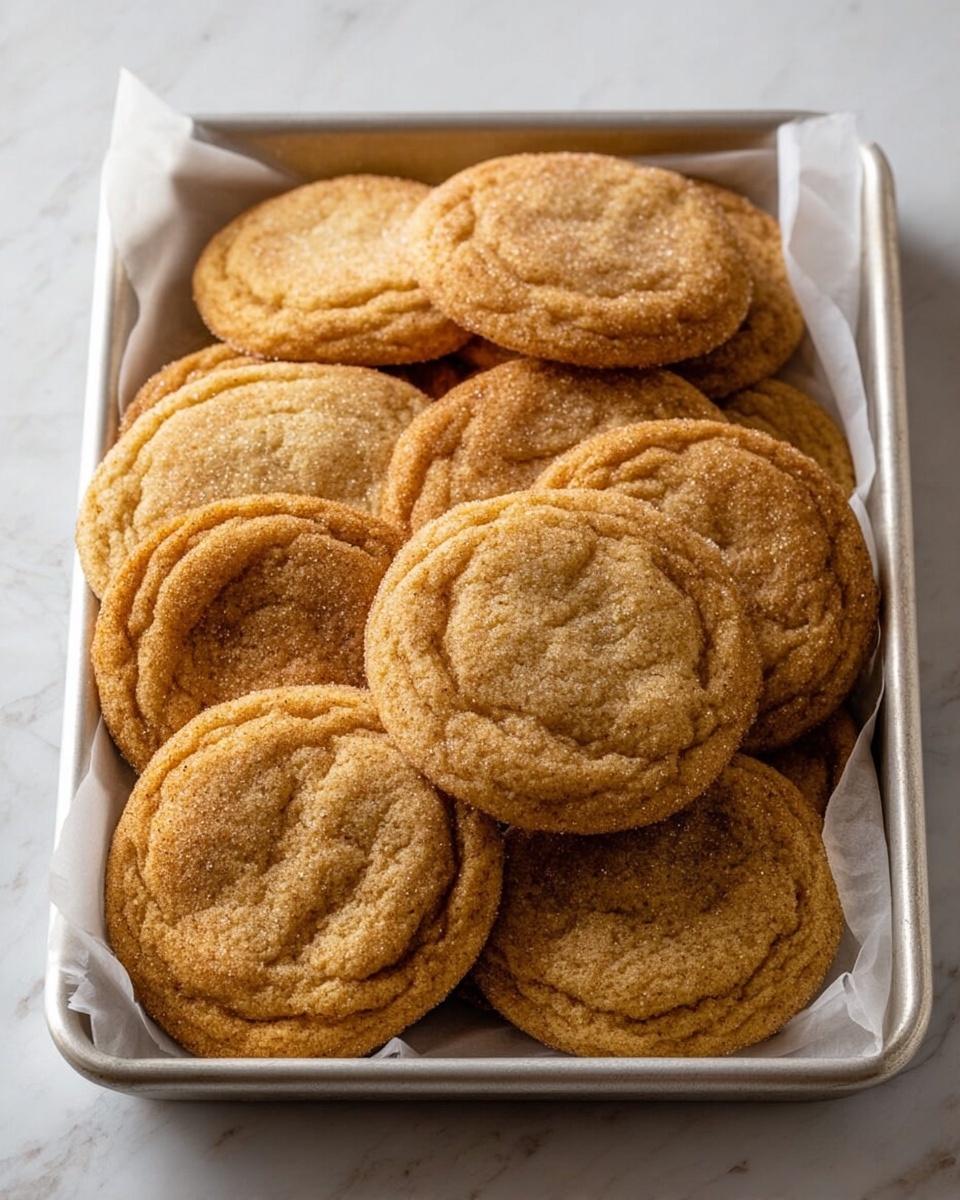 A metal tray lined with white parchment paper holds about a dozen round cookies that are golden brown with a slightly cracked surface. The cookies have a soft texture with some sparkles of sugar on top, showing a gentle shine. They are stacked in a slightly overlapping way, filling the tray, all on a white marbled surface. photo taken with an iphone --ar 4:5 --v 7
